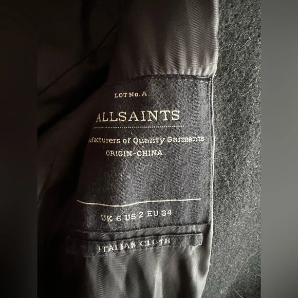 AllSaints Onix Pony Black Wool Coat Tailored Straight Coat Leather Trim Size 2 - Picture 8 of 14